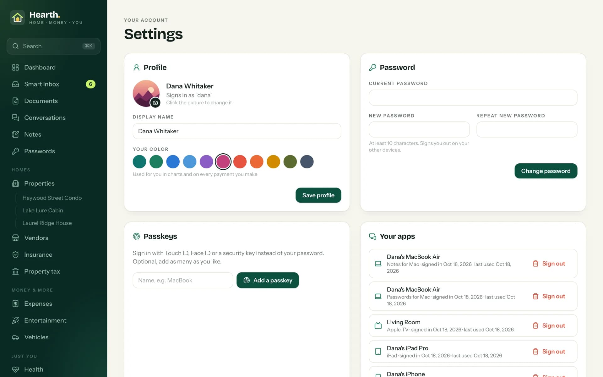 Ajustes → Tus apps: cada app con sesión iniciada, con su tipo, cuándo inició sesión y cuándo se usó por última vez -- y cada una puede cerrar sesión por separado.