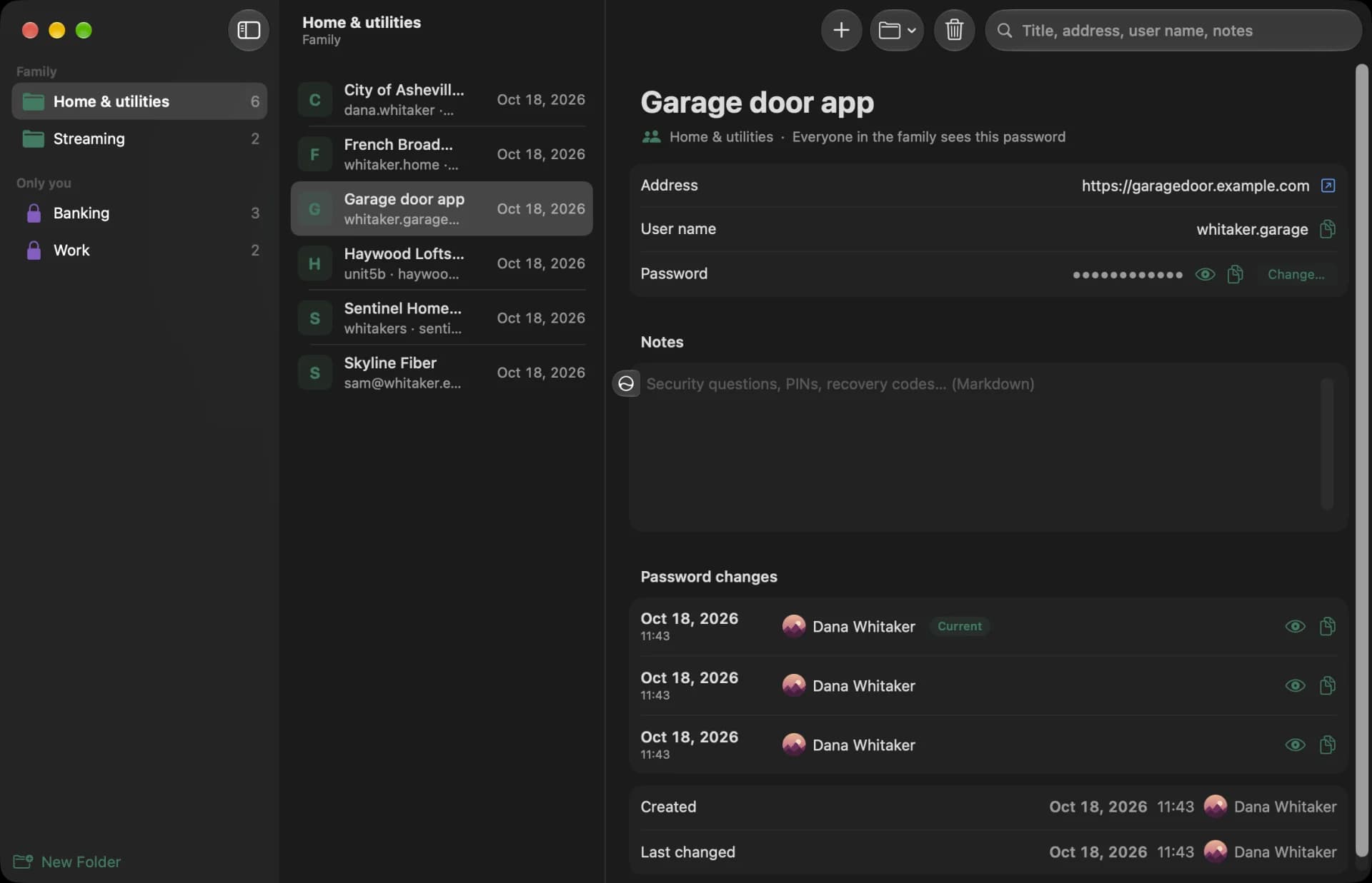 Passwords for Mac: locked behind Touch ID, with the password history and a generator.