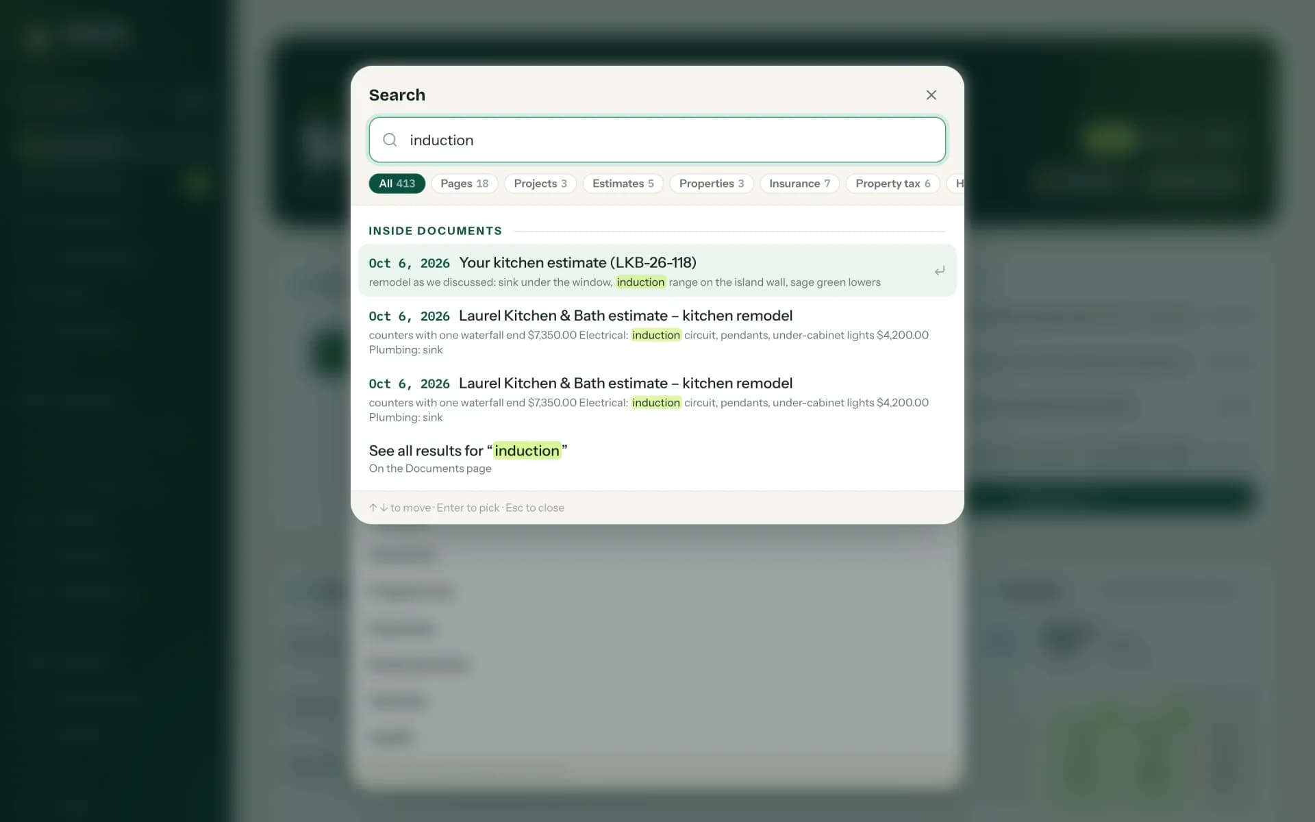 ⌘K searches every word inside every document, wherever it is filed.