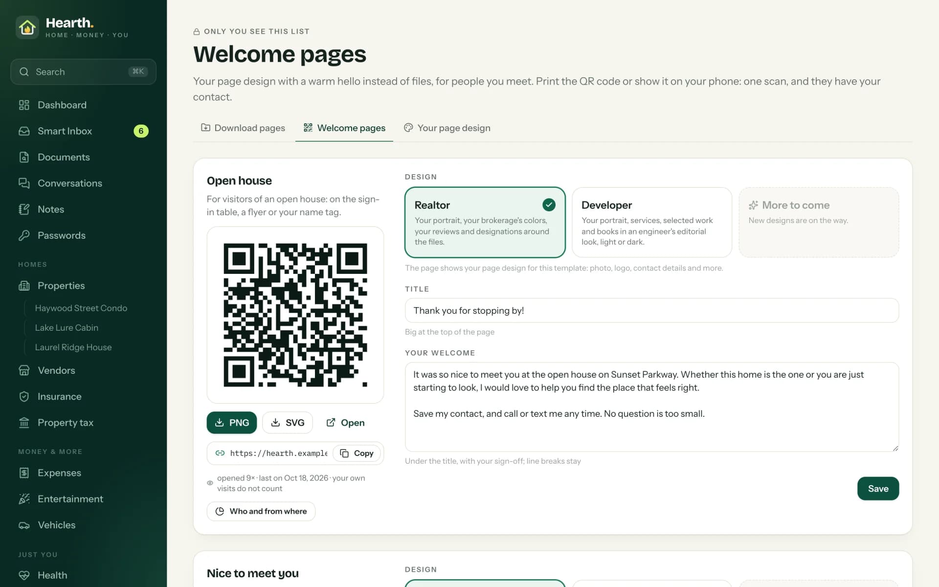 A welcome page with a QR code, made from a template in a minute (demo data).
