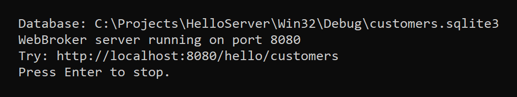 On startup, the server creates the database if needed and prints where it lives.
